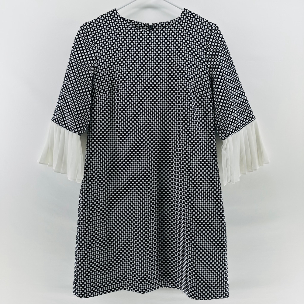 NEW YORK & COMPANY Black White Geometric DIAMOND Pleated Sleeves Dress WOMENS S - Picture 2 of 9